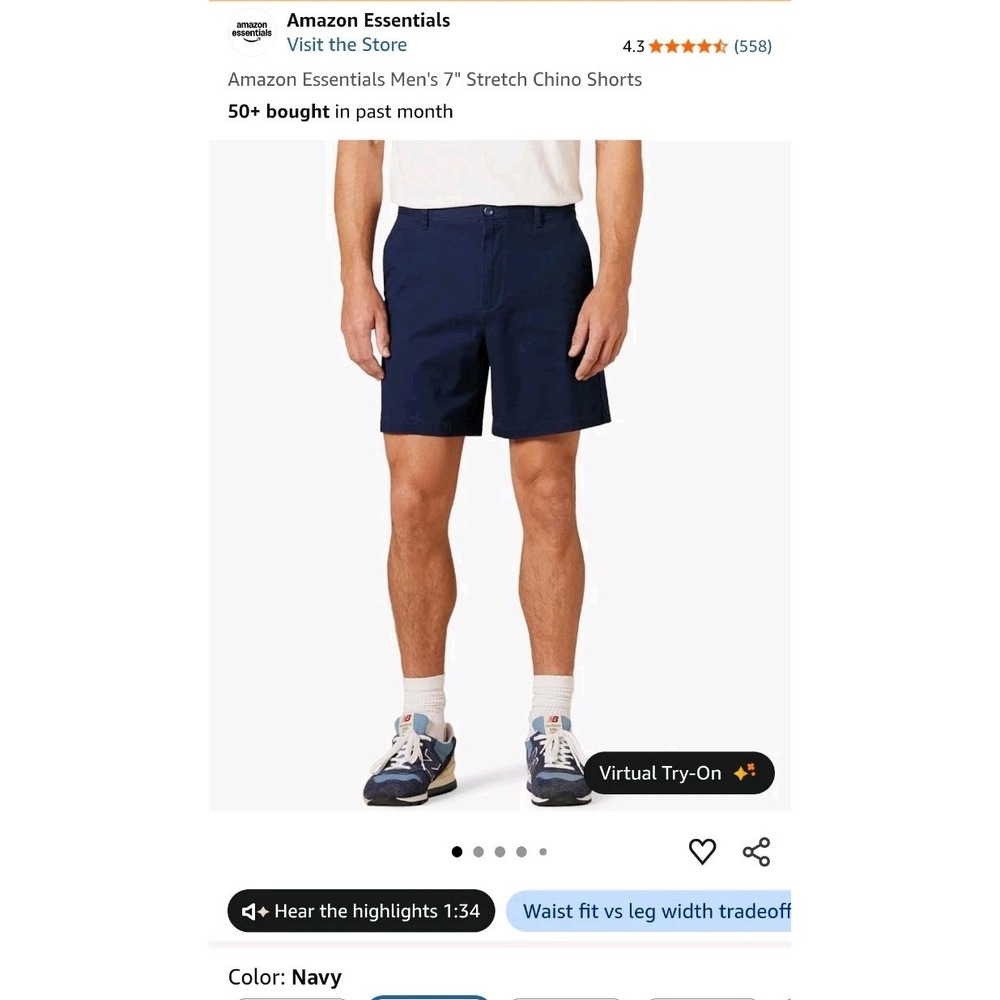 97% Cotton Amzn Ess. Men's Navy Stretch Chino Shorts  7" Inseam Pockets